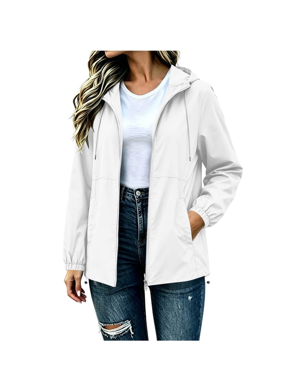 Women's Waterproof Raincoat Lightweight Rain Jacket Hooded Adjustable Windbreaker Rain Coats with Pocket for Outdoor White,2XL