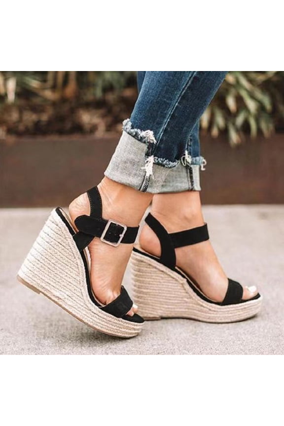 Women's Wedge Sandals Platform Espadrille Heels Open Toe Strappy Slip On Casual Summer Slide Shoes Black 40