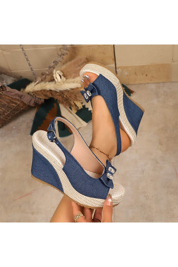 Women's Wedge Sandals With Pearls Across The Top Platform Sandals High Heels Blue 36