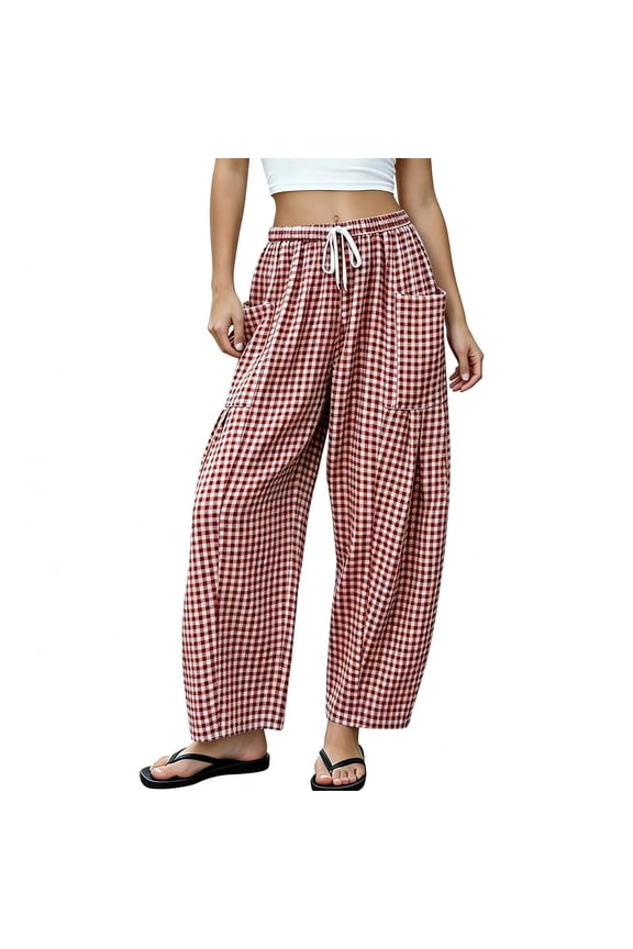 Women's Wide Leg Palazzo Pants Casual Elastic High Waisted Gingham Plaid Culottes Trousers with Pockets Red,M
