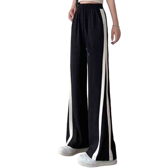 Hurxie Women's Wide Leg Pants Drawstring High Rise Side Striped Slouchy Palazzo Pants with Pockets Black,L