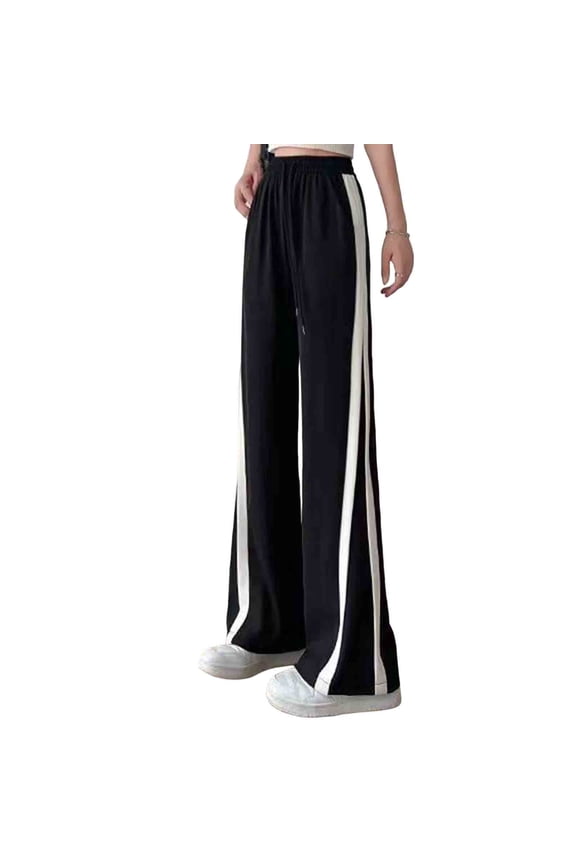 Women's Wide Leg Pants Drawstring High Rise Side Striped Slouchy Palazzo Pants with Pockets Black,L
