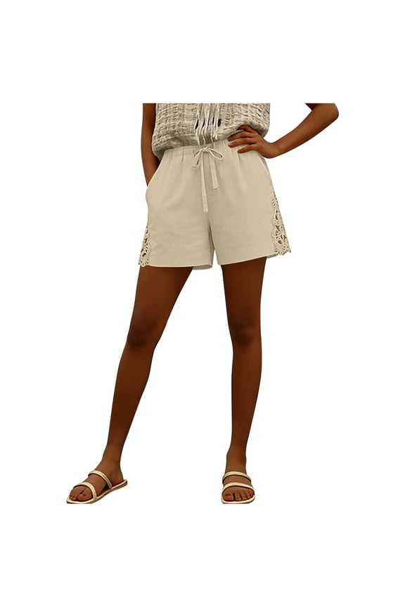 Women's Wide Leg Summer Shorts High Waisted Hollow Out Boho Shorts with Pockets Beige,S