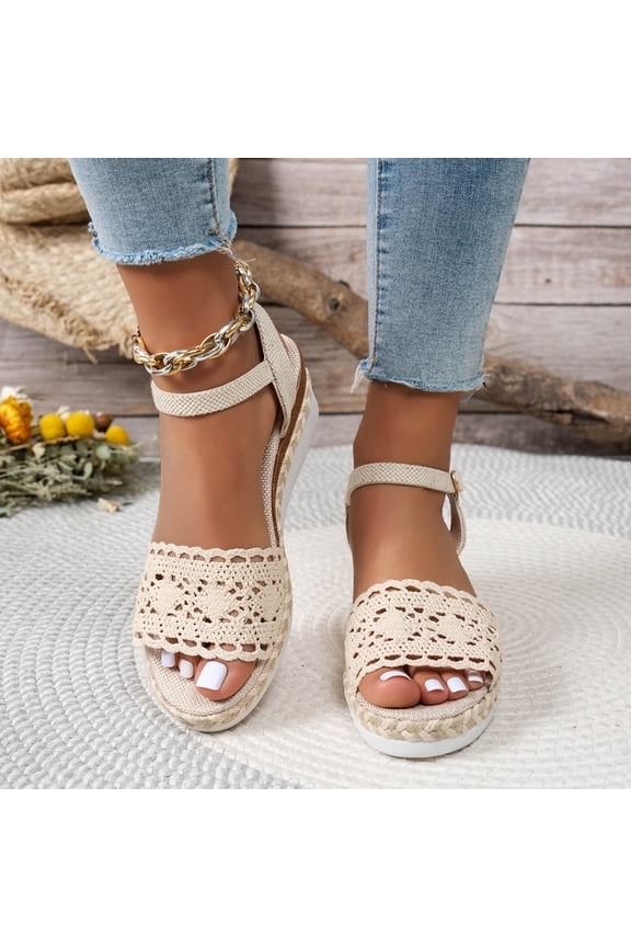 Women's Wide Width Wedge Sandals - Comfortable Memory Foam Ankle Strap Open Toe Platform Heels for Work, Wedding & Casual Summer Wear Beige 9.5
