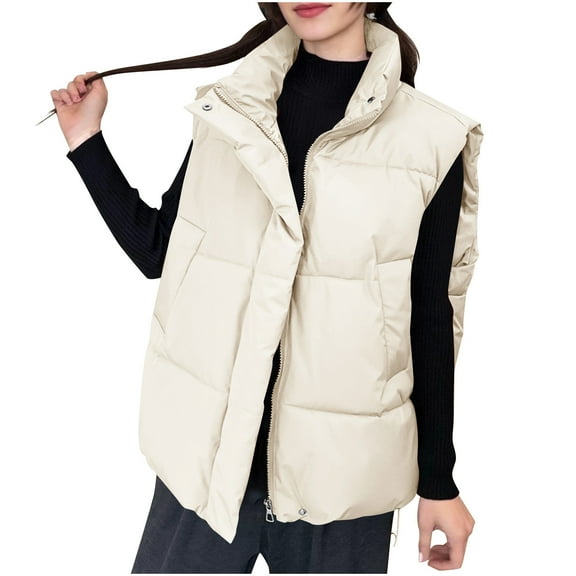 Hurxie Women's Winter Thicken Puffer Vest Hooded Sleeveless Parka Down Jackets with Pockets Beige XL