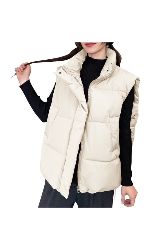 Women's Winter Thicken Puffer Vest Hooded Sleeveless Parka Down Jackets with Pockets Beige XL