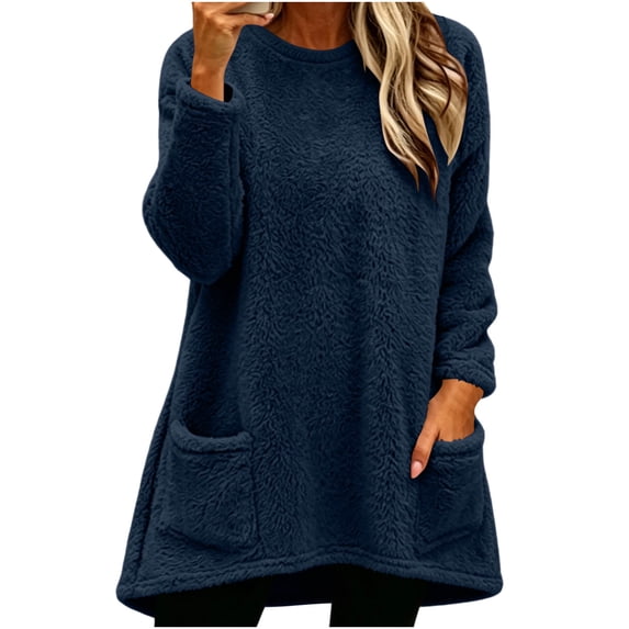 Hurxie Women's Winter Warm Sherpa Lined Fleece Crewneck Sweatshirt Pullover Loungewear Tunic Tops with Pockets
