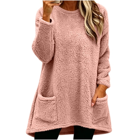 Hurxie Women's Winter Warm Sherpa Lined Fleece Crewneck Sweatshirt Pullover Loungewear Tunic Tops with Pockets