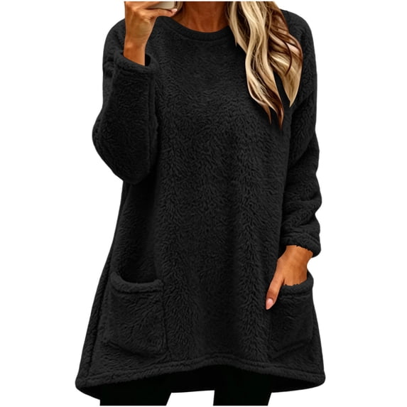 Hurxie Women's Winter Warm Sherpa Lined Fleece Crewneck Sweatshirt Pullover Loungewear Tunic Tops with Pockets