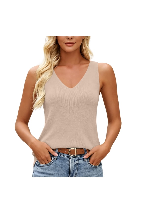 Women's Wool Blend Slim Fit Sweaters Double V-Neck All-Season Tank Beige,2XL