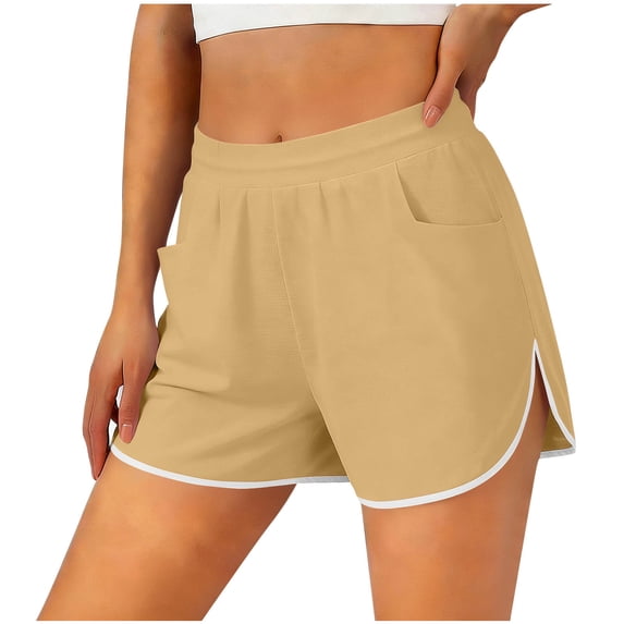 Hurxie Women's Workout Shorts Athletic Running Shorts High Waisted Gym Shorts with Pockets Khaki,2XL