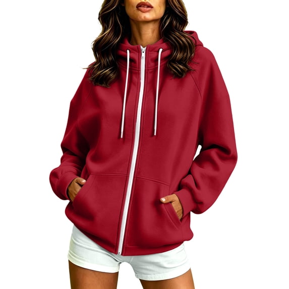 Hurxie Women's Zip Up Hoodies Oversized Casual Long Sleeve Sweatshirt Drawstring Jacket Spring Fall Outfit Wine,XL