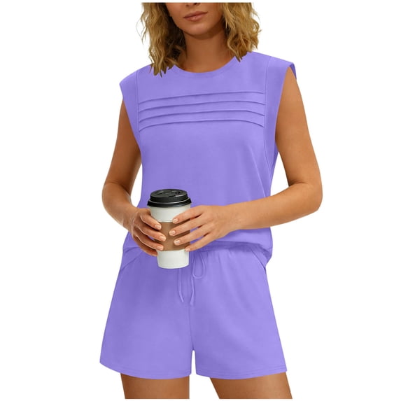 Hurxie Womens 2 Piece Short Sets Summer Vacation V Neck 3/4 Sleeve Beach Outfits Oversized Button Casual Suits Purple,XL