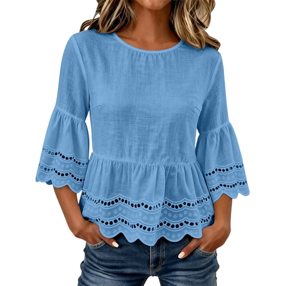 Hurxie Womens 3/4 Bell Sleeve Shirts Casual Ruffle Hem Tops Eyelet Blouse Sky Blue,XL