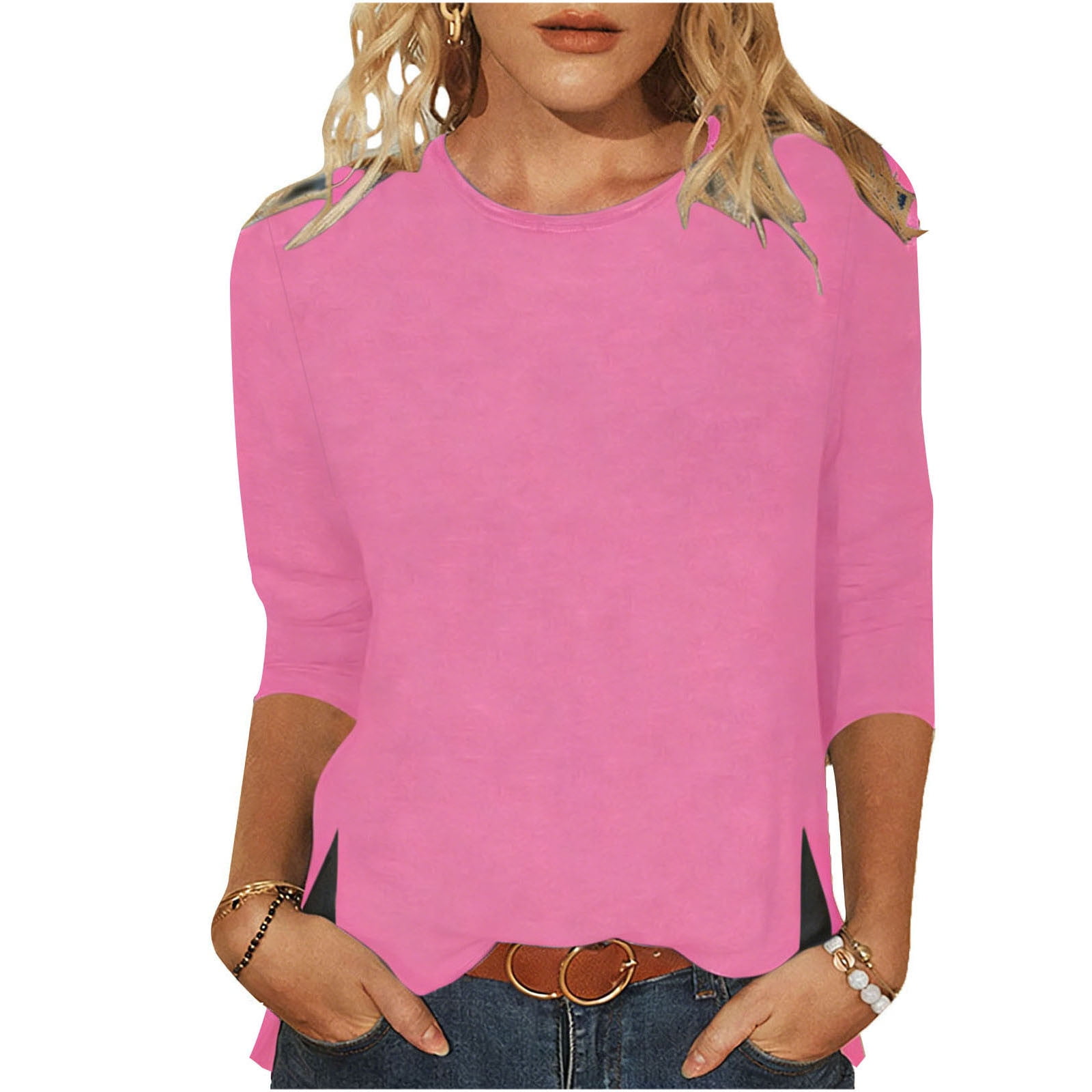 Hurxie Womens 3/4 Length Sleeve Tops Crewneck Ruched Summer Shirts ...