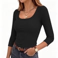thumbnail image 1 of Hurxie Womens 3/4 Sleeve Scoop Neck Top Ribbed Knit Slim Fitted Casual Basic Tee Shirts Trendy Work T-Shirt Outfits Black,M, 1 of 7