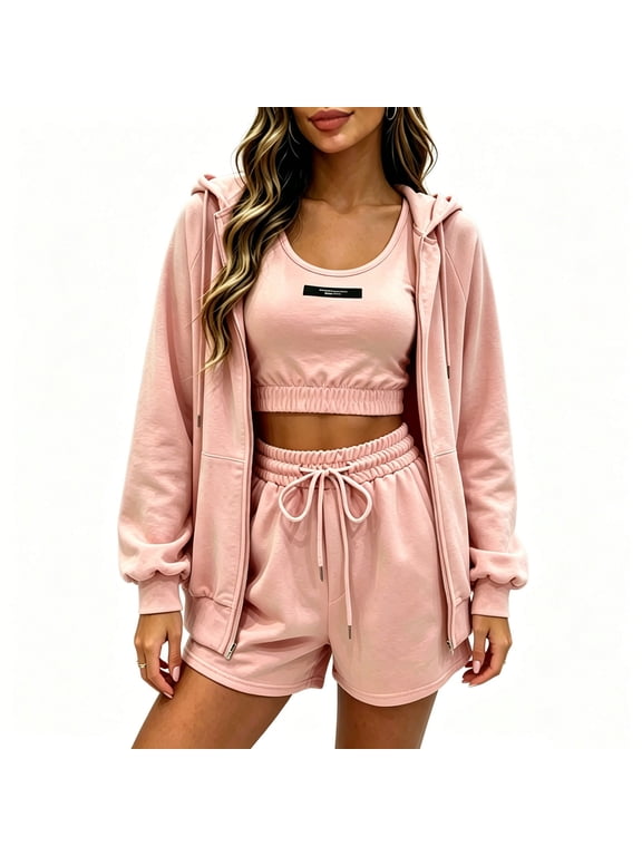 Womens 3 Piece Outfits Zip Up Pocket Sweatshirt Drawstring Shorts Lounge Sweat Set Pink,M
