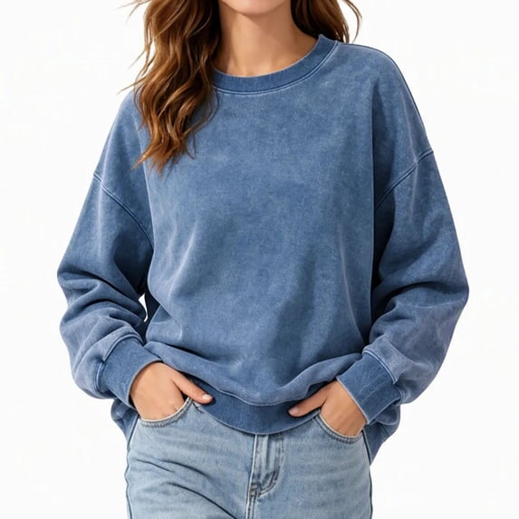 Hurxie Womens Acid Washed Cotton Crewneck Sweatshirt Long Sleeve Pullover Vintage Casual Y2K Streetwear Sweatshirts
