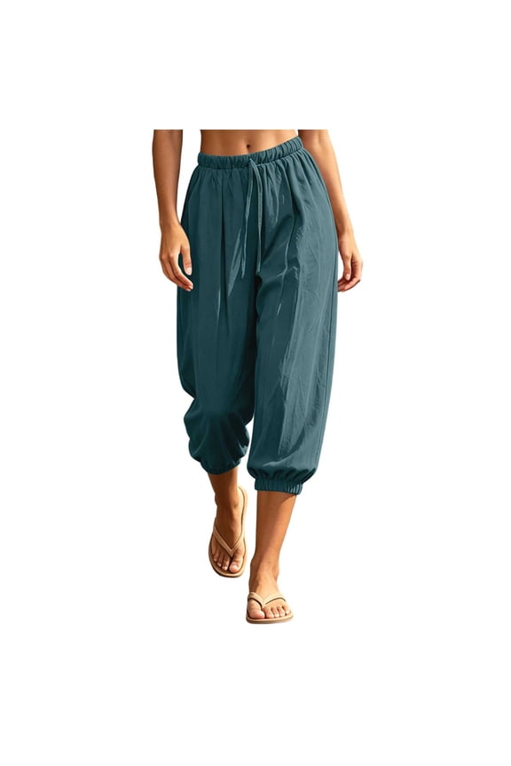 Womens Baggy Pleated Harem Pants Summer Elastic High Waisted Wide Leg Balloon Cotton Lounge Crop Pants Navy,S