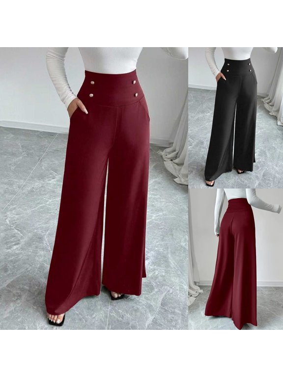 Womens Baggy Wide Leg Pants High Waisted Lounge Casual Loose Palazzo Trousers with Pockets Wine,S