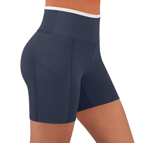 Hurxie Womens Biker Yoga Shorts with Pocket, High Waisted Tummy Control 5 Inch Workout Spandex Athletic Gym Shorts Navy,L