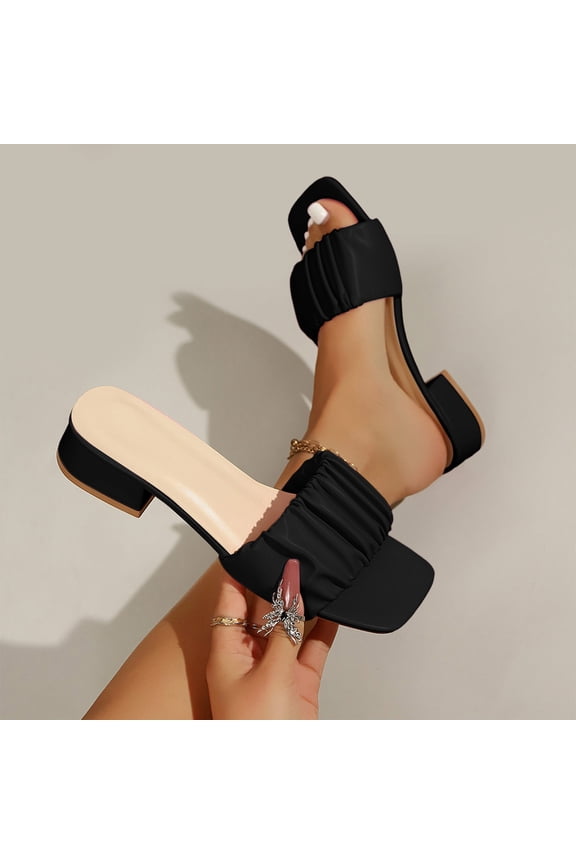 Womens Bow Slides Sandals Wide Width Slip On Chunky Low Heels Square Open toe Elagant Summer Shoes Black 7.5