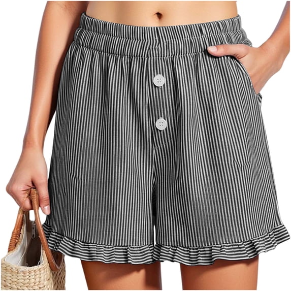 Hurxie Womens Boxer Shorts Y2K Ruffle Pajama Summer Lounge Sleep Striped Casual Beach Pj Bottoms Pockets Black,S
