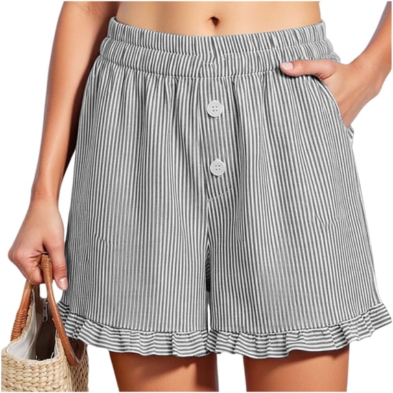 Hurxie Womens Boxer Shorts Y2K Ruffle Pajama Summer Lounge Sleep Striped Casual Beach Pj Bottoms Pockets Gray,S