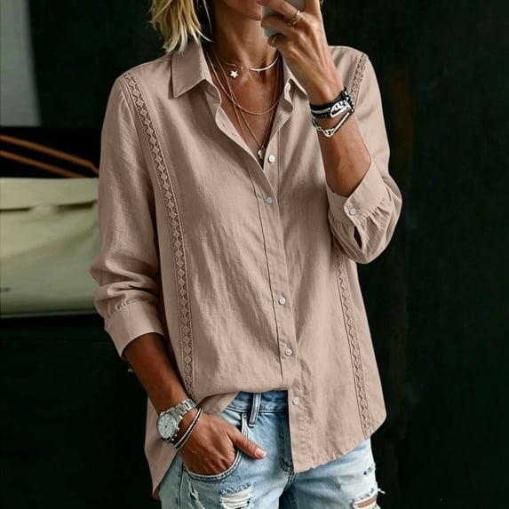 Hurxie Womens Button Down Shirts Eyelet Embroidered Blouses Loose Business Casual Long Sleeve Cotton Tops Khaki,M