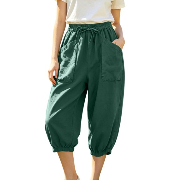 Hurxie Womens Capri Linen Pants Wide Leg Cotton Barrel Pants Summer Cropped Beach Trousers Green,XL