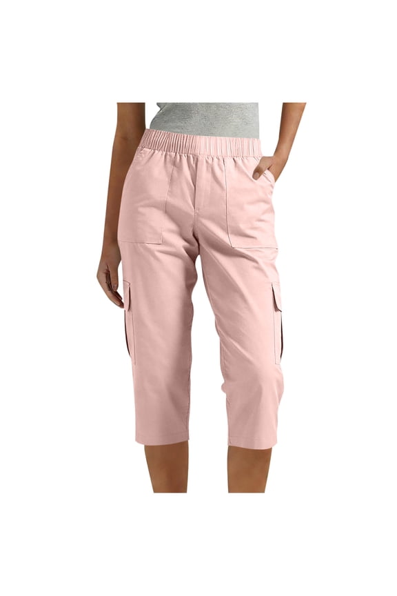 Womens Capris with Pockets Loose Fit Casual Capri Pants Dressy Lightweight Ladies Baggy Cargo Pants for Hiking Pink,S