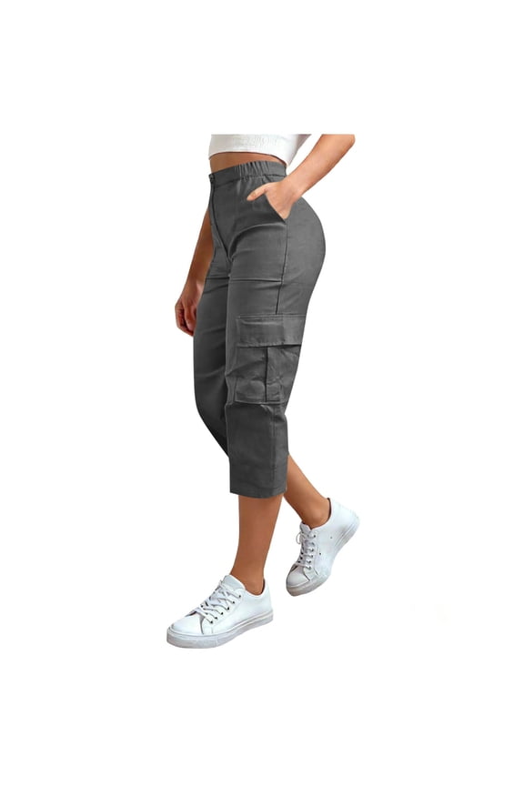 Womens Cargo Capris Lightweight Hiking Pants Pockets Quick Dry Casual Outdoor Trip Loose Shorts Cropped Gray,L