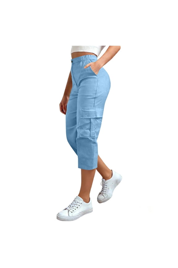 Womens Cargo Capris Lightweight Hiking Pants Pockets Quick Dry Casual Outdoor Trip Loose Shorts Cropped Light Blue,M