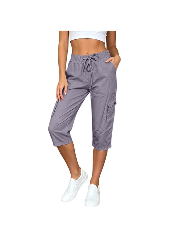 Womens Cargo Capris Lightweight Hiking Pants Pockets Quick Dry Casual Outdoor Trip Loose Shorts Cropped Purple,S