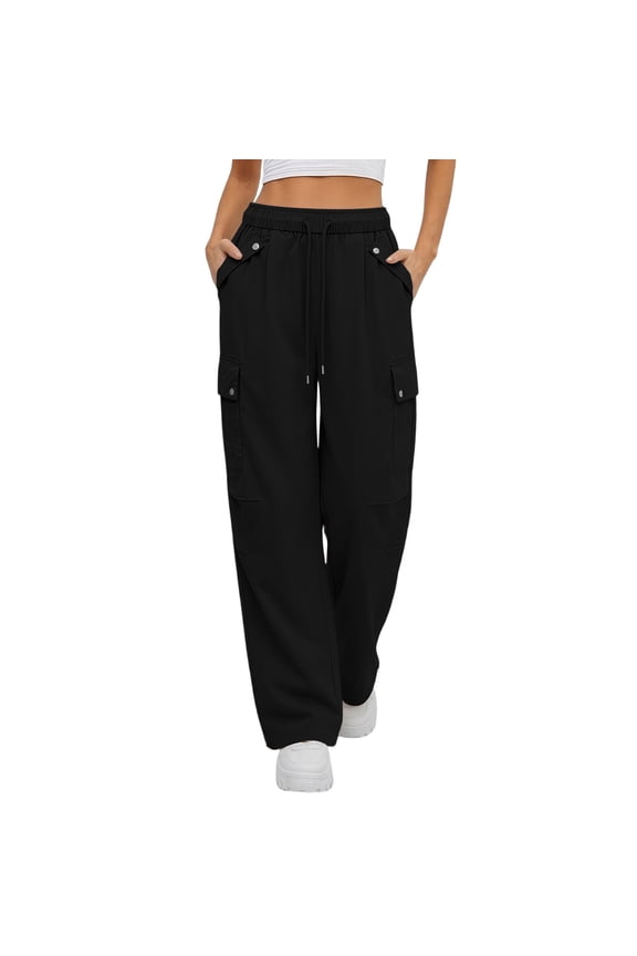 Womens Cargo Pants Drawstring Elastic Waist Casual Hiking Work Pants with Pockets Black,L