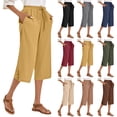 thumbnail image 1 of Hurxie Womens Casual Capri Pants Elastic Waist Solid Color 3/4 Wide Leg Summer Trousers with Pockets Green,S, 1 of 7