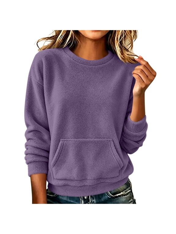 Womens Casual Crew Neck Sweatshirt with Pockets Loose Fit Soft Long Sleeve Fuzzy Pullover Tops Fall Clothes Purple,S