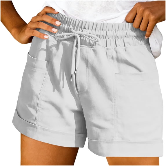Hurxie Womens Casual Elastic Shorts Summer Drawstring Waist Comfy Shorts with Pockets White,M