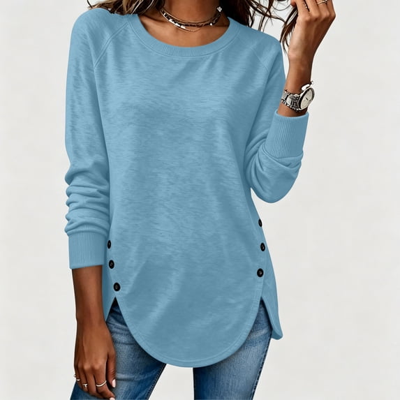 Hurxie Womens Casual Long Sleeve Tunic Tops Round Neck Shirt Button Side Basic Tees Wearring with Leggings