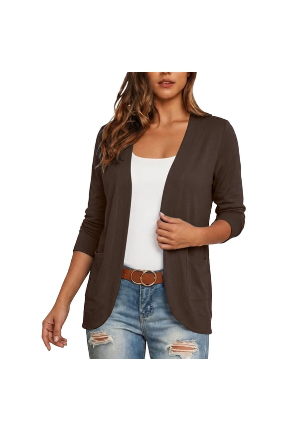 Womens Casual Open Front Cardigans Lightweight Soft Draped Ruffles 3/4 Sleeve Cardigan Brown,2XL