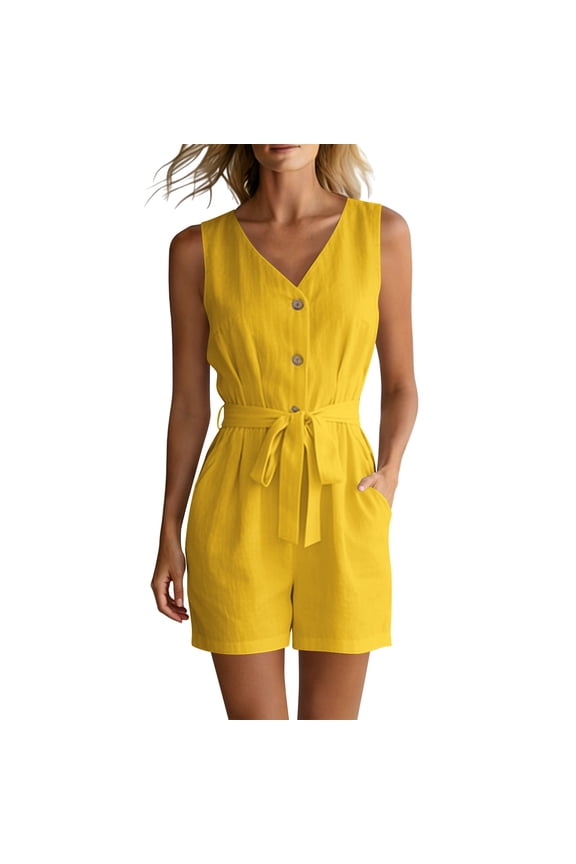 Womens Casual Summer Crewneck Ruffle Sleeveless Rompers Yellow,M