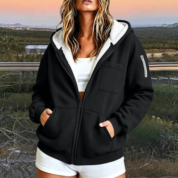 Hurxie Womens Casual Winter Warm Fleece Sherpa Lined Pullover Hooded Sweatshirt Black,L