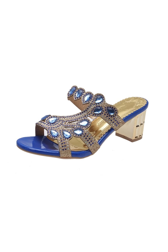 Womens Chunky Block Low Heel Open Toe Sandals Mules Shoes Slingback Slip-on Prom Wedding Dress Blue 6