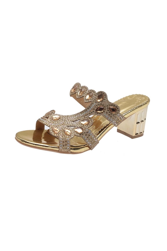 Womens Chunky Block Low Heel Open Toe Sandals Mules Shoes Slingback Slip-on Prom Wedding Dress Gold 5.5