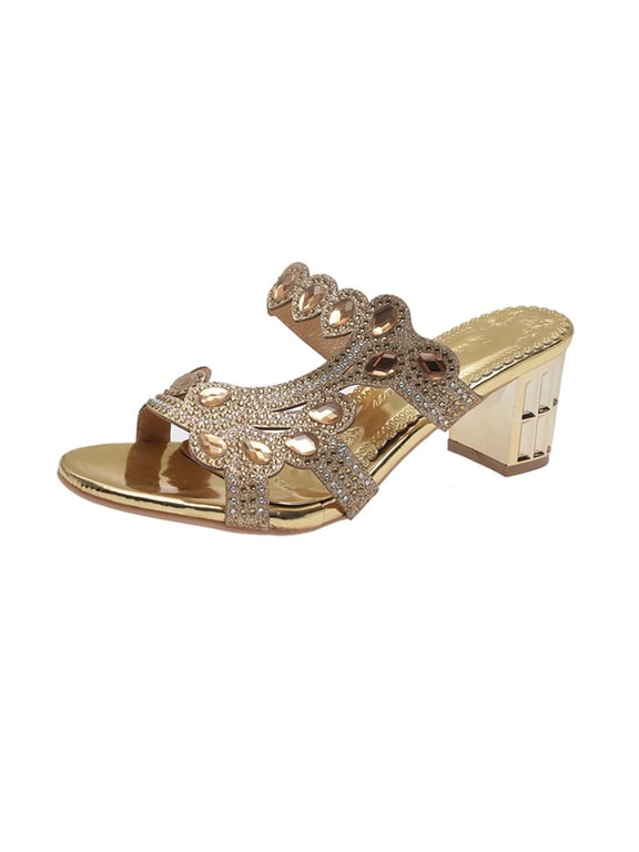 Womens Chunky Block Low Heel Open Toe Sandals Mules Shoes Slingback Slip-on Prom Wedding Dress Gold 9