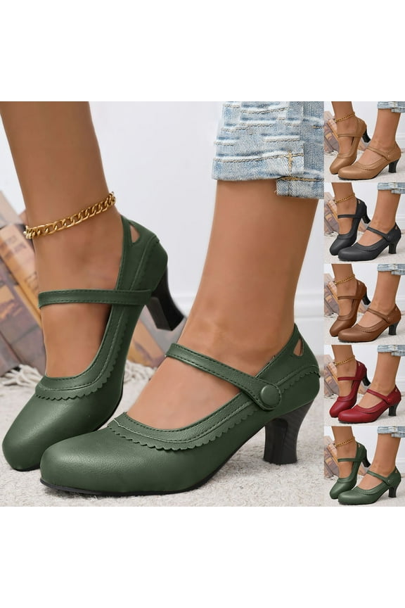 Womens Classic Low Mid Heels Mary Jane Pumps - Round Toe Vintage Retro Shoes Khaki 39
