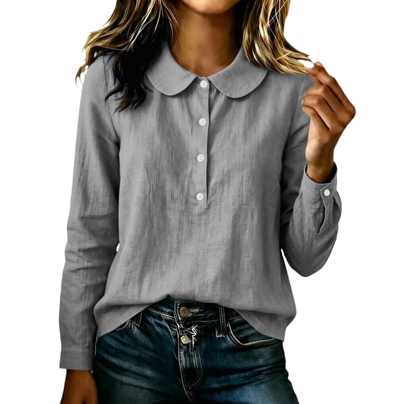 Hurxie Womens Collar Button Down Shirts Short Sleeve Summer Casual Babydoll Blouse Cute Trendy Cotton Preppy Tops Gray,M