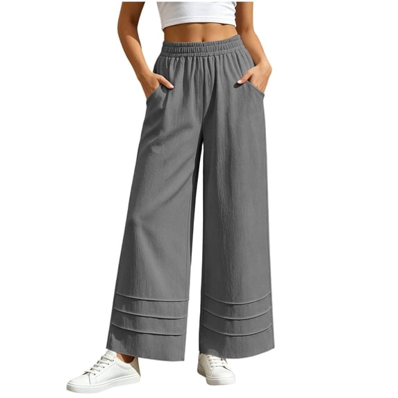 Hurxie Womens Cotton Linen Pants Wide Leg Summer Trousers with Pockets | Boho Loose Fit, Drawstring Waist, Long Lounge Trousers Gray,XL
