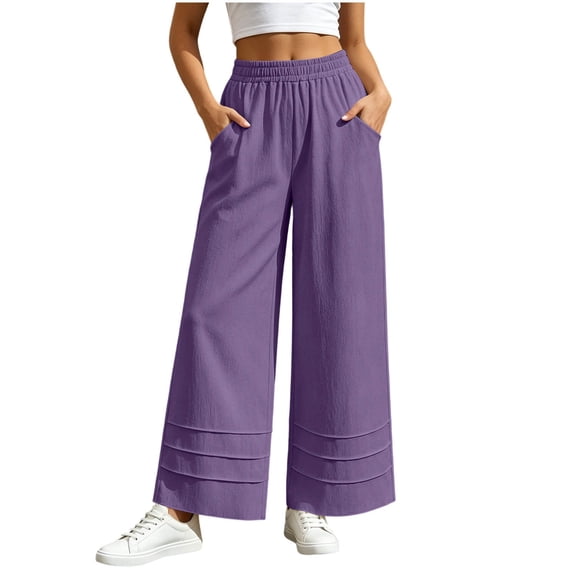 Hurxie Womens Cotton Linen Pants Wide Leg Summer Trousers with Pockets | Boho Loose Fit, Drawstring Waist, Long Lounge Trousers Purple,XL