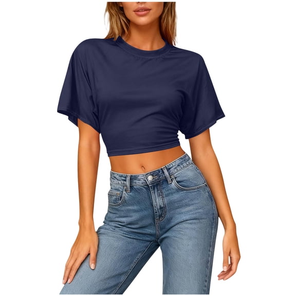Hurxie Womens Crop Tops Short Sleeve T-Shirts Casual Round Neck Basic Tees Baggy Summer Shirts Navy XL